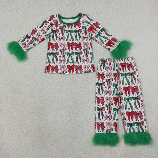 GLP3611 Christmas Santa Bows Feather Girls Pajamas Outfits