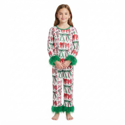 GLP3611 Christmas Santa Bows Feather Girls Pajamas Outfits