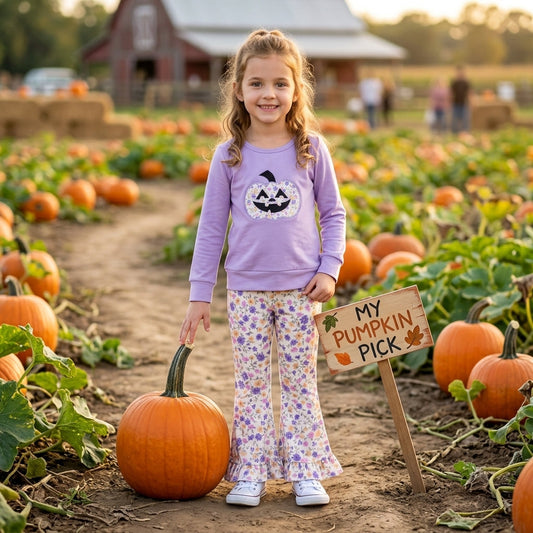 GLP3618 Embroidery Halloween Pumpkin Flower Girls Set