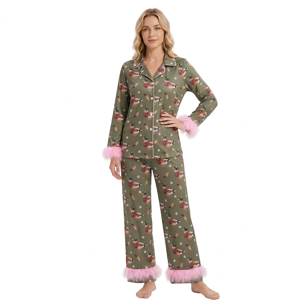 GLP3628 Mallard Ducks Pink Feather Buttons Adult Women Pajamas Set
