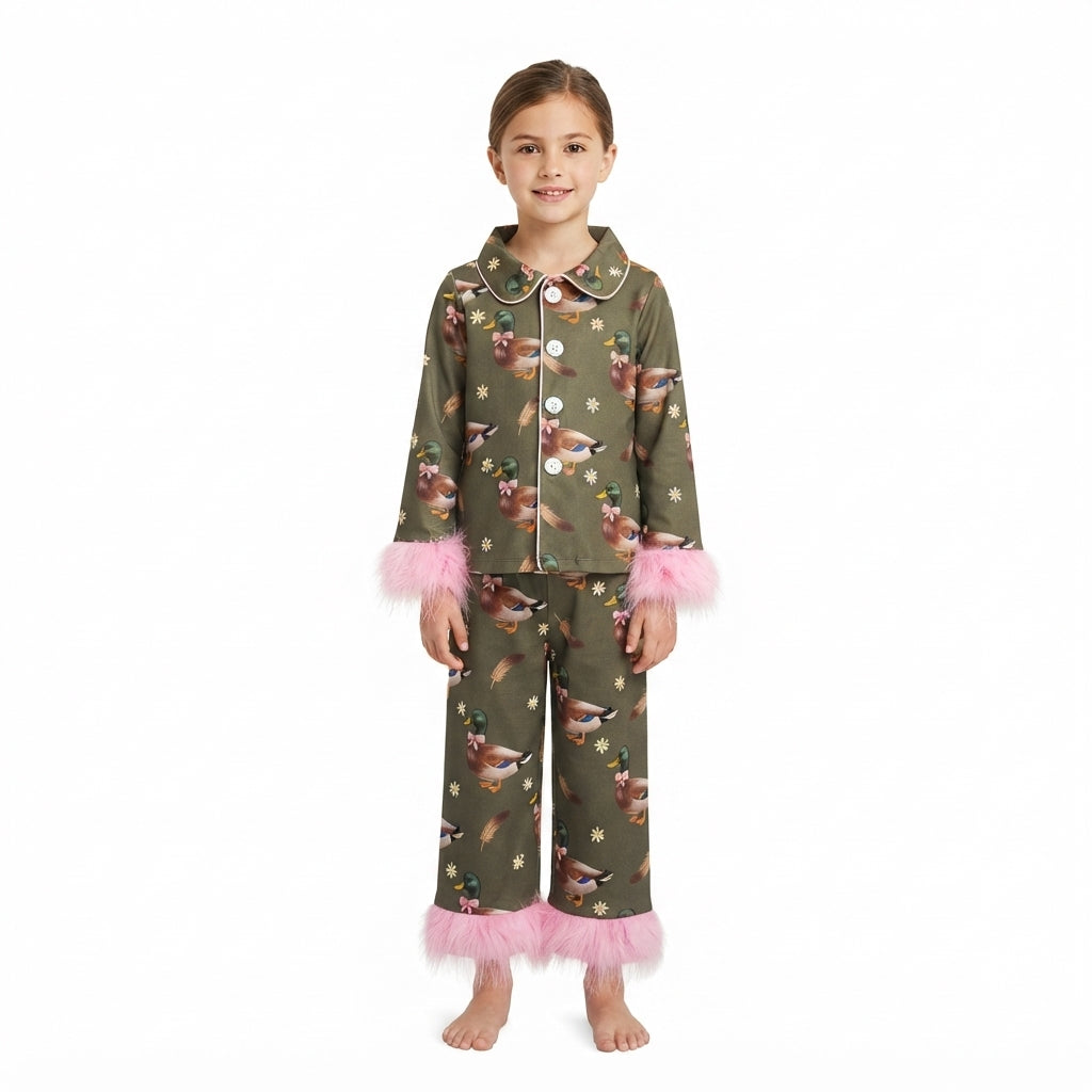 GLP3629 Mallard Ducks Pink Feather Girls Pajamas Outfits