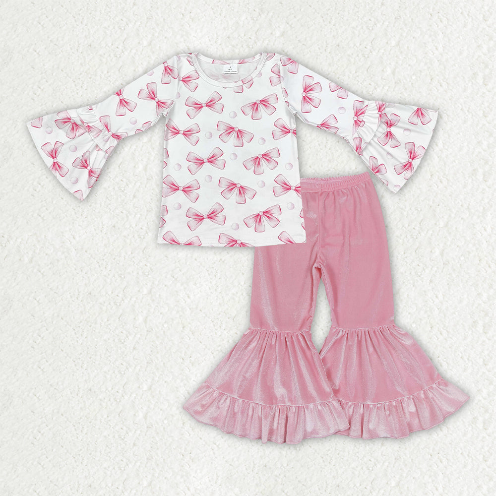 GLP3638 Pink Bows White Long Sleeve Velvet Bell Bottom Pants Girls Sets 202608 RTS