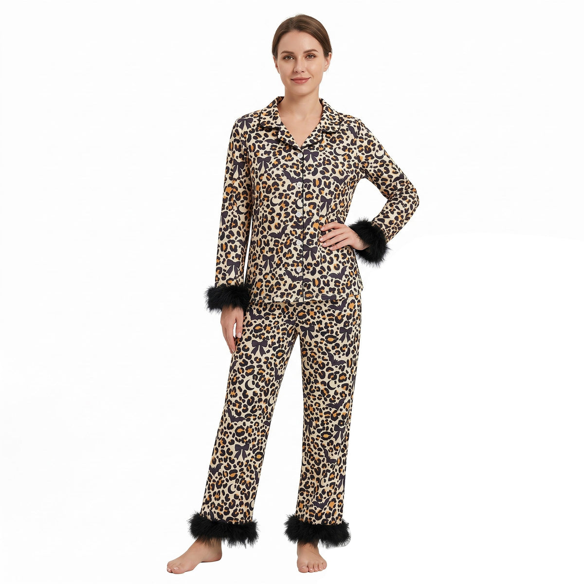 GLP3639 Halloween Bats Leopard Black Feather Buttons Adult Women Pajamas Set 202609 RTS