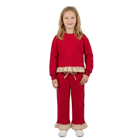 GLP3644 Solid Color Red Thick Cotton Sweatshirt Girls Set