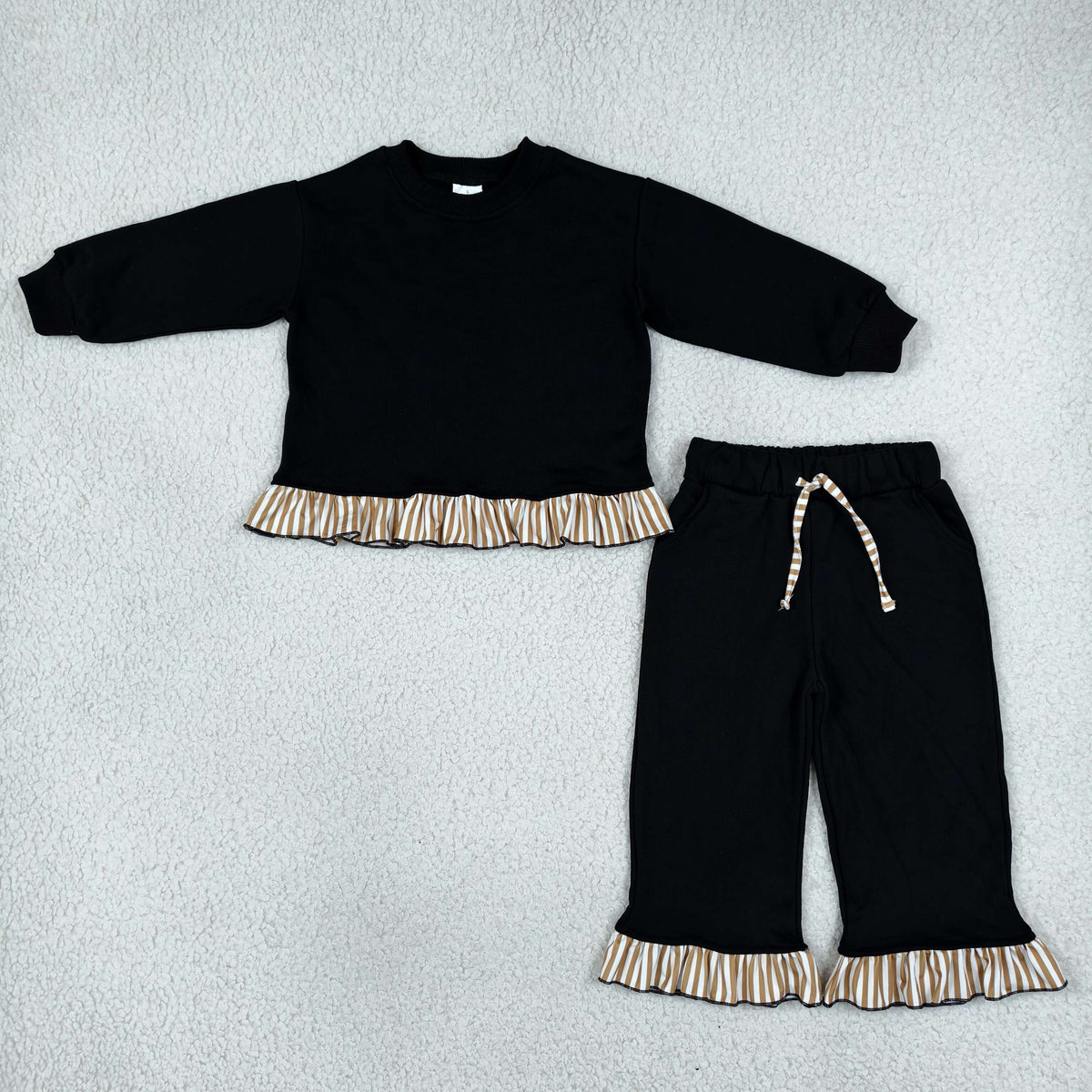 GLP3671 Solid Color Cotton Stripe Ruffles Black Girls Set