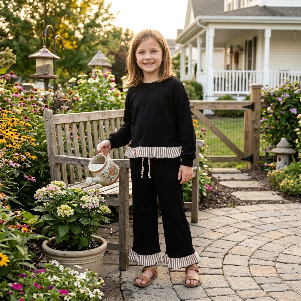 GLP3671 Solid Color Cotton Stripe Ruffles Black Girls Set