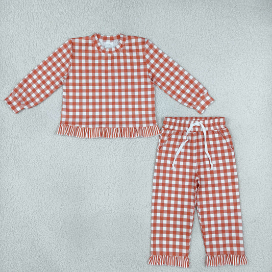 GLP3672 Fall Orange Plaid Ruffles Girls Set