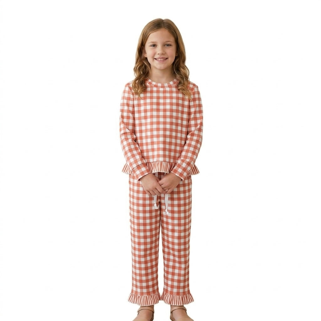 GLP3672 Fall Orange Plaid Ruffles Girls Set