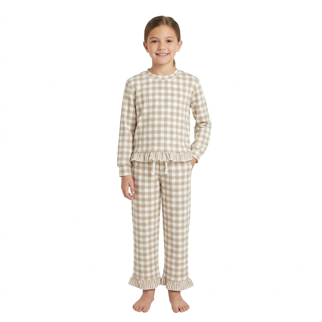 GLP3674 Fall Light Gray Green Plaid Ruffles Girls Set