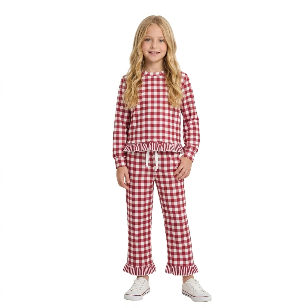 GLP3675 Fall Red Plaid Ruffles Girls Set