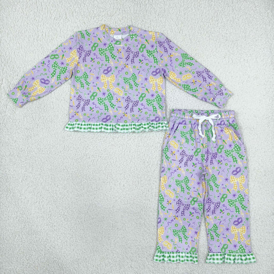 GLP3680 Mardi Gras Mask Bows Green Plaid Ruffles Purple Girls Set