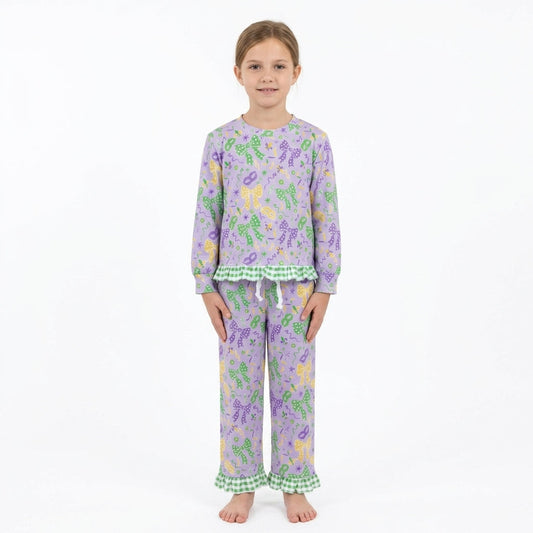 GLP3680 Mardi Gras Mask Bows Green Plaid Ruffles Purple Girls Set