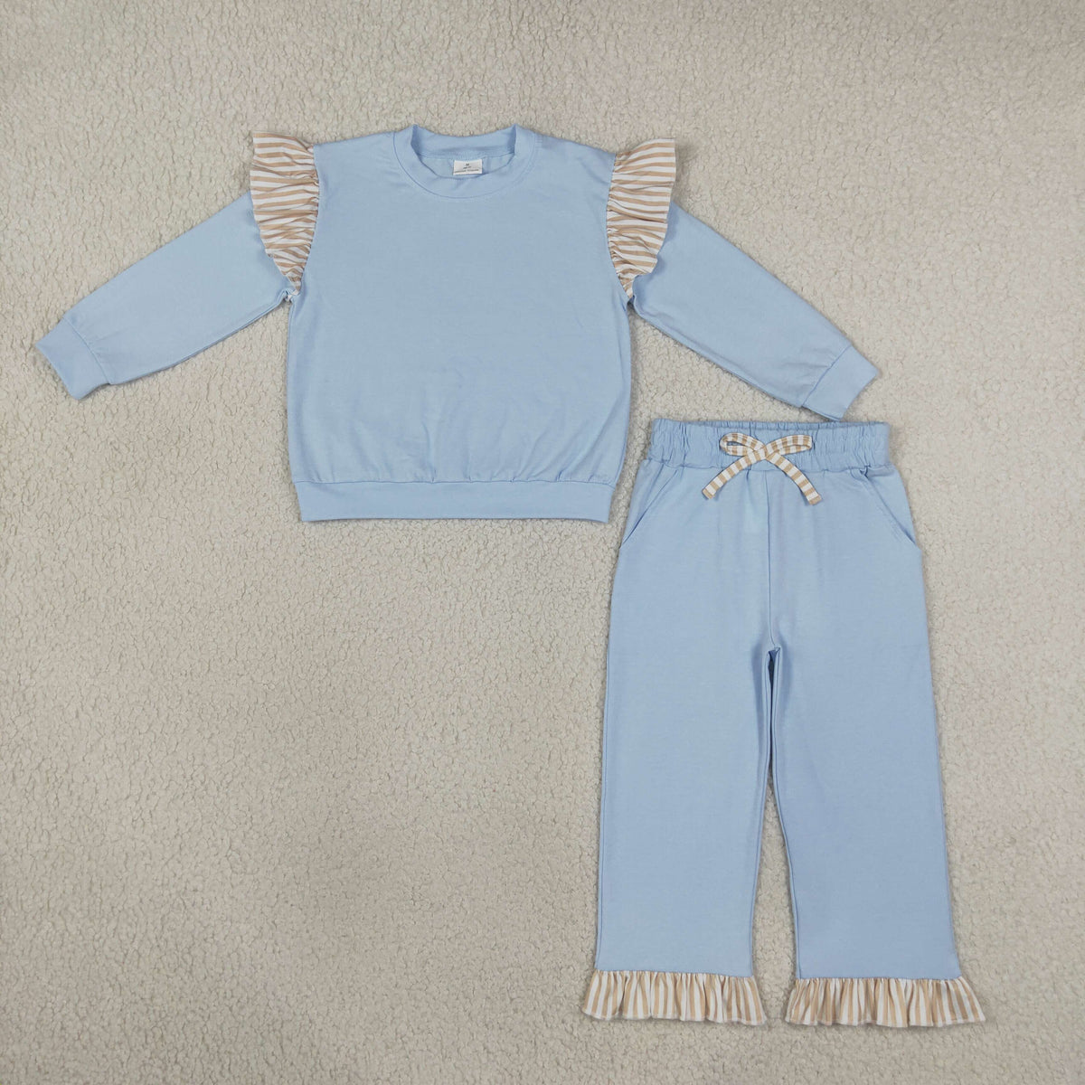 GLP3696 Solid Color Stripe Ruffles Light Blue Girls Set