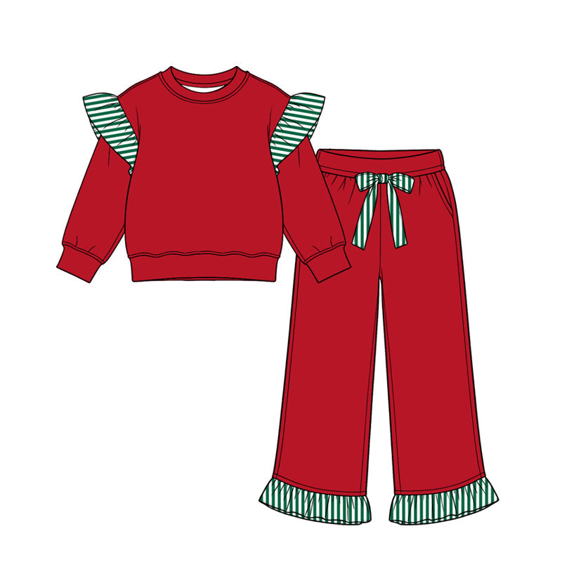 Preorder MOQ 5 pcs Each Color Solid Color Stripe Ruffles Girls Set