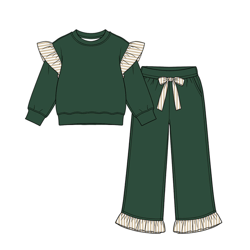 Preorder MOQ 5 pcs Each Color Solid Color Stripe Ruffles Girls Set