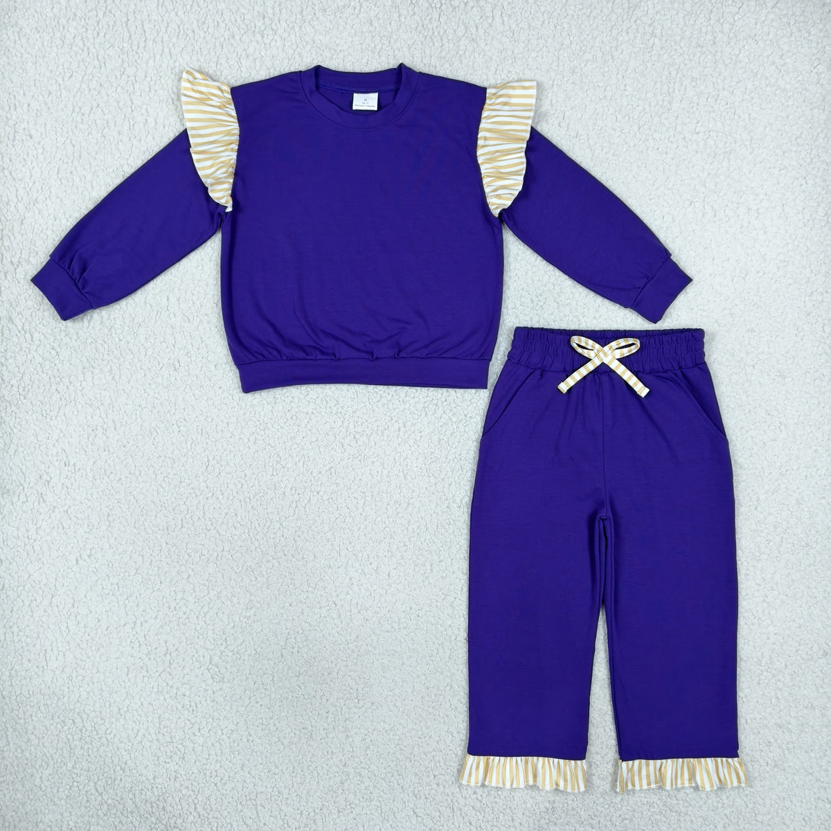 GLP3699 Solid Color Stripe Ruffles Dark Purple Girls Set
