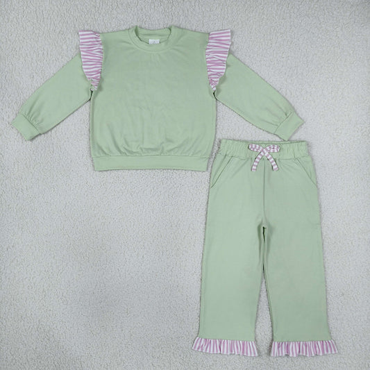 GLP3700 Solid Color Stripe Ruffles Light Green Girls Set