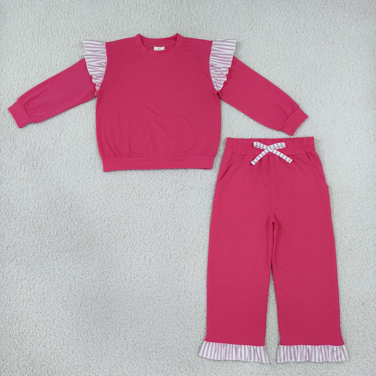 GLP3701 Solid Color Stripe Ruffles Rose Red Girls Set