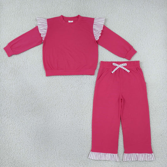 GLP3701 Solid Color Stripe Ruffles Rose Red Girls Set