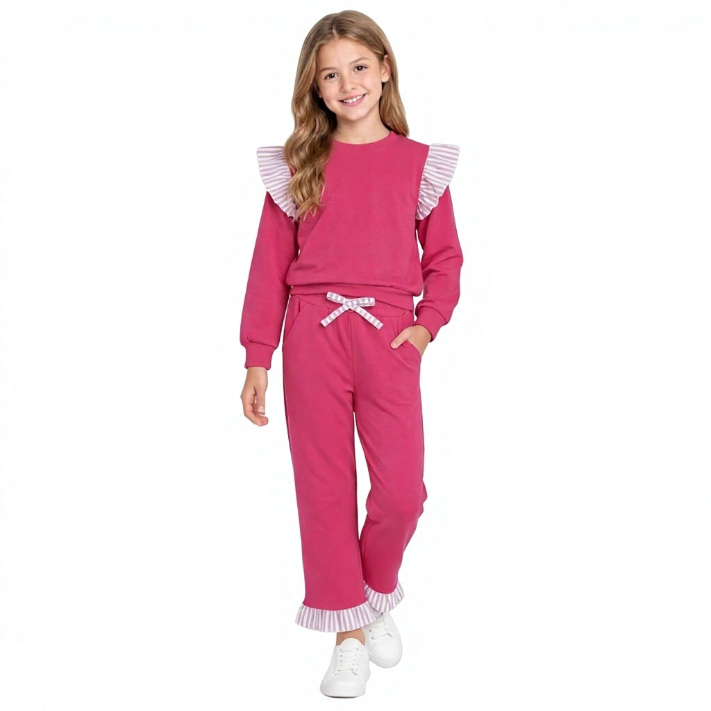 GLP3701 Solid Color Stripe Ruffles Rose Red Girls Set