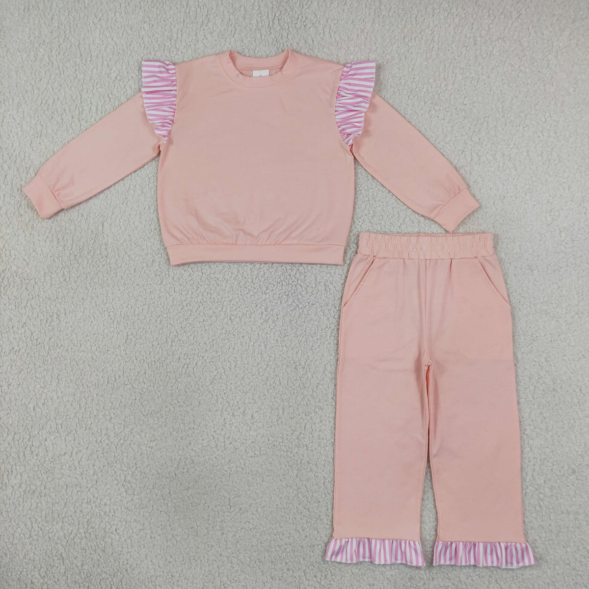 GLP3702 Solid Color Stripe Ruffles Pink Girls Set