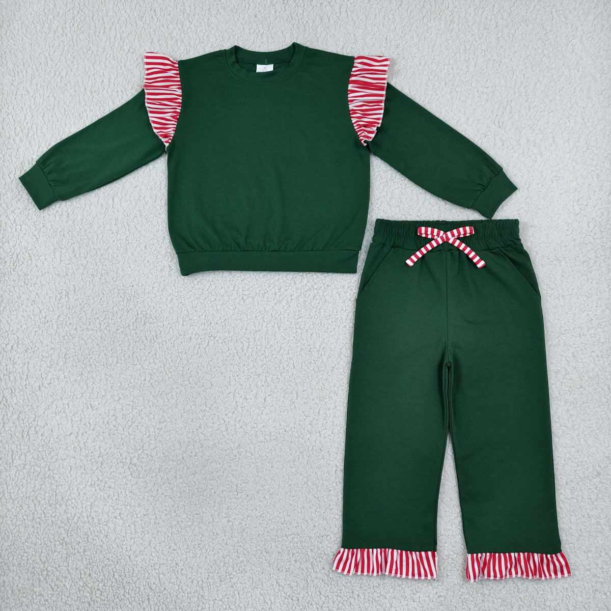 GLP3703 Solid Color Stripe Ruffles Dark Green Girls Set