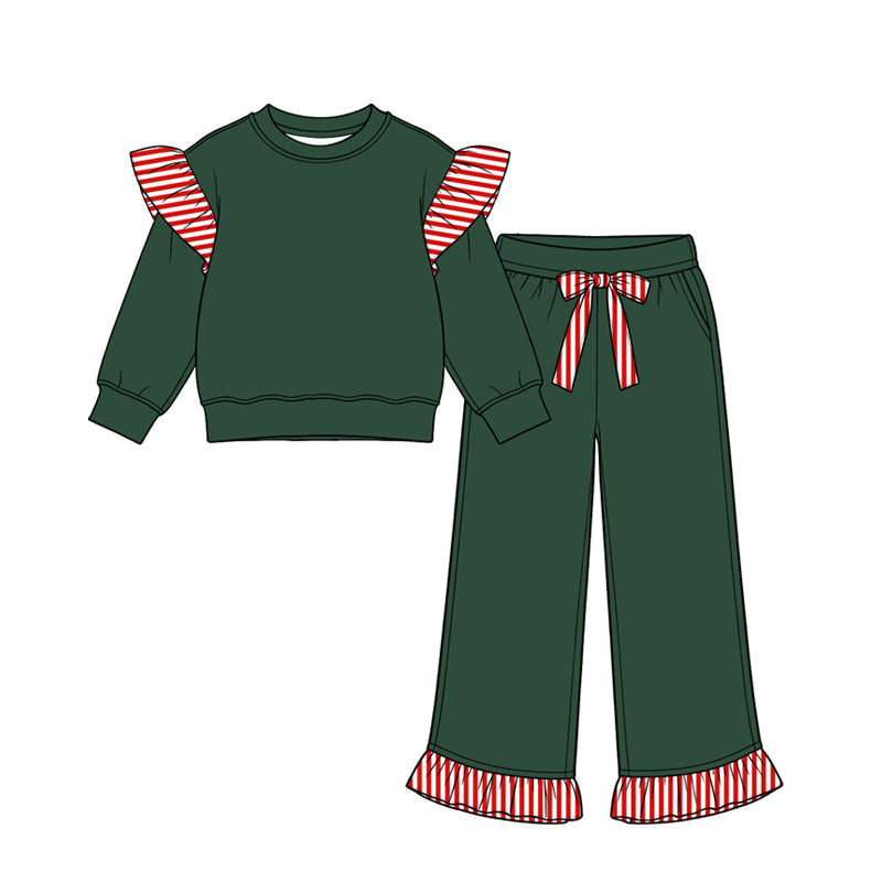 Preorder MOQ 5 pcs Each Color Solid Color Stripe Ruffles Girls Set
