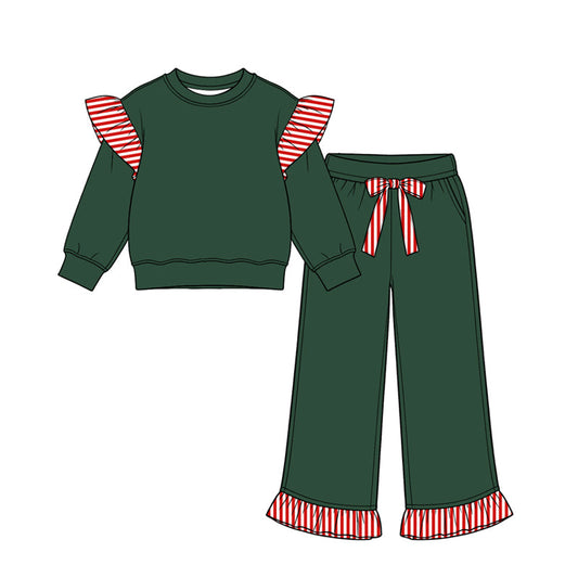 Preorder MOQ 5 pcs Each Color Solid Color Stripe Ruffles Girls Set