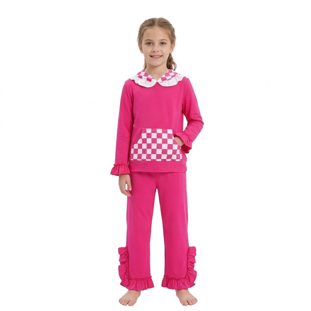 GLP3709 Solid Rose Red Ruffles Plaid Hoodie Girls Set