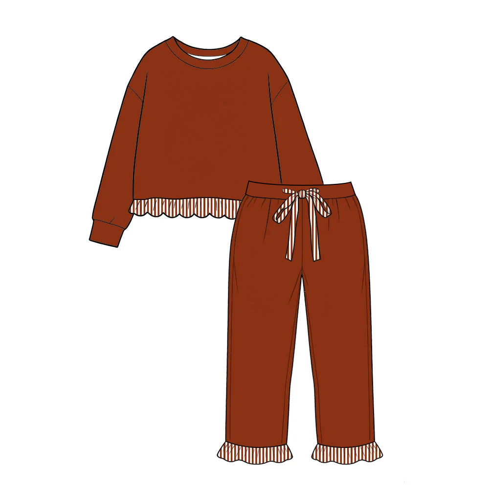 Preorder MOQ 5 pcs GLP3709 Solid Color Brown Stripe Scallop Edge Girls Outfits