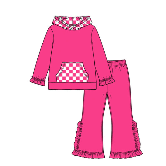 Preorder MOQ 5 pcs Each Color Solid Color Ruffles Plaid Hoodie Girls Set-2026.8.20