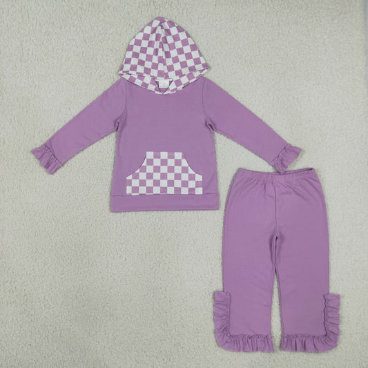 GLP3710 Solid Purple Ruffles Plaid Hoodie Girls Set