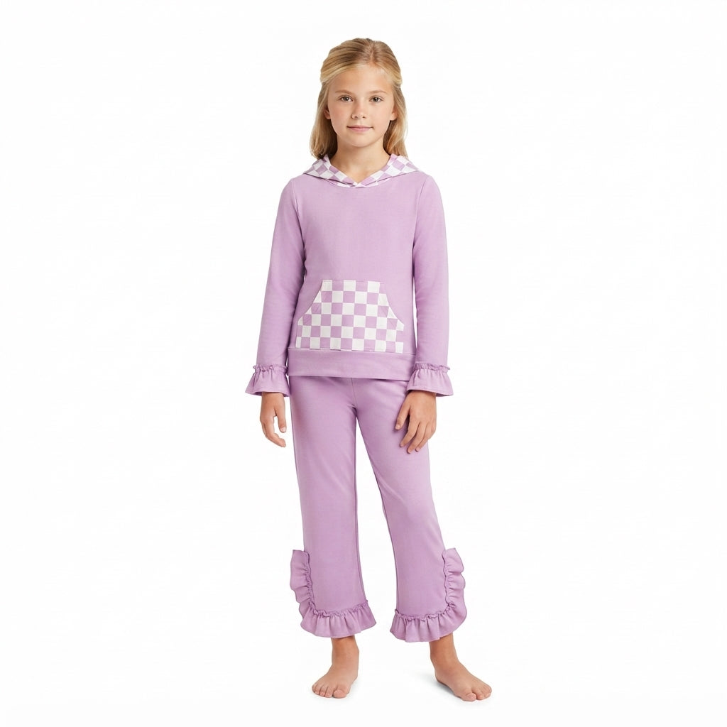 GLP3710 Solid Purple Ruffles Plaid Hoodie Girls Set