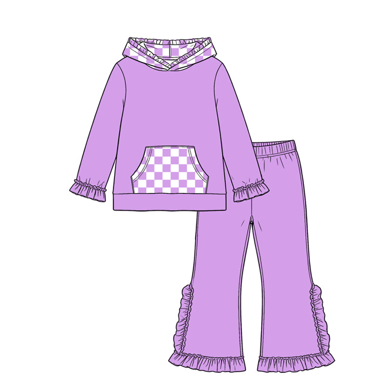 Preorder MOQ 5 pcs Each Color Solid Color Ruffles Plaid Hoodie Girls Set-2026.8.20