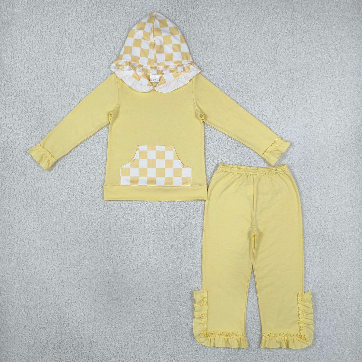 GLP3711 Solid Yellow Ruffles Plaid Hoodie Girls Set
