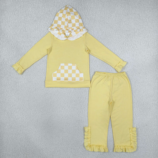 GLP3711 Solid Yellow Ruffles Plaid Hoodie Girls Set