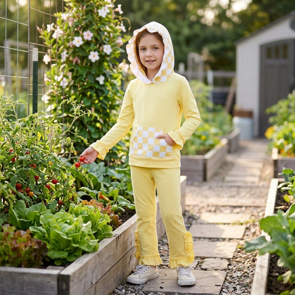 GLP3711 Solid Yellow Ruffles Plaid Hoodie Girls Set