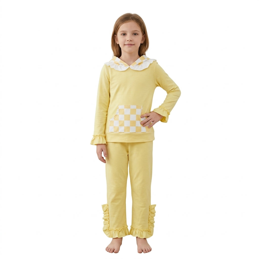 GLP3711 Solid Yellow Ruffles Plaid Hoodie Girls Set