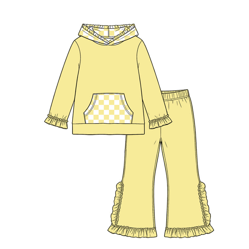 Preorder MOQ 5 pcs Each Color Solid Color Ruffles Plaid Hoodie Girls Set-2026.8.20