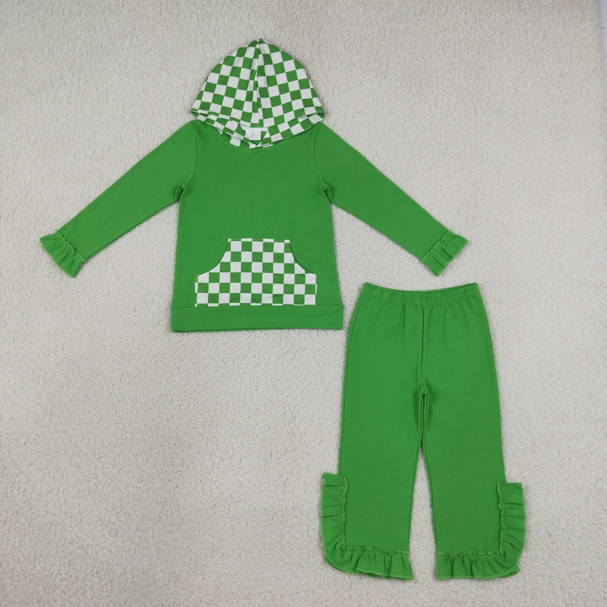 GLP3714 Solid Color Ruffles Green Plaid Hoodie Girls Set