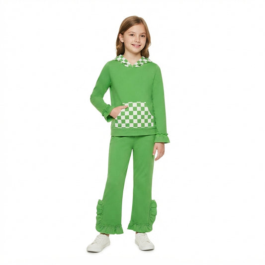 GLP3714 Solid Color Ruffles Green Plaid Hoodie Girls Set