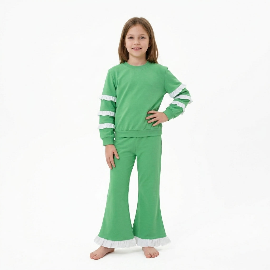 GLP3717 Solid Color Green Ruffles Girls Set