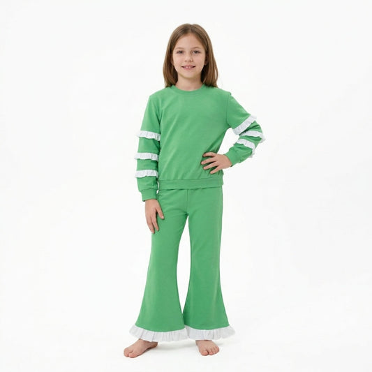 GLP3717 Solid Color Green Ruffles Girls Set