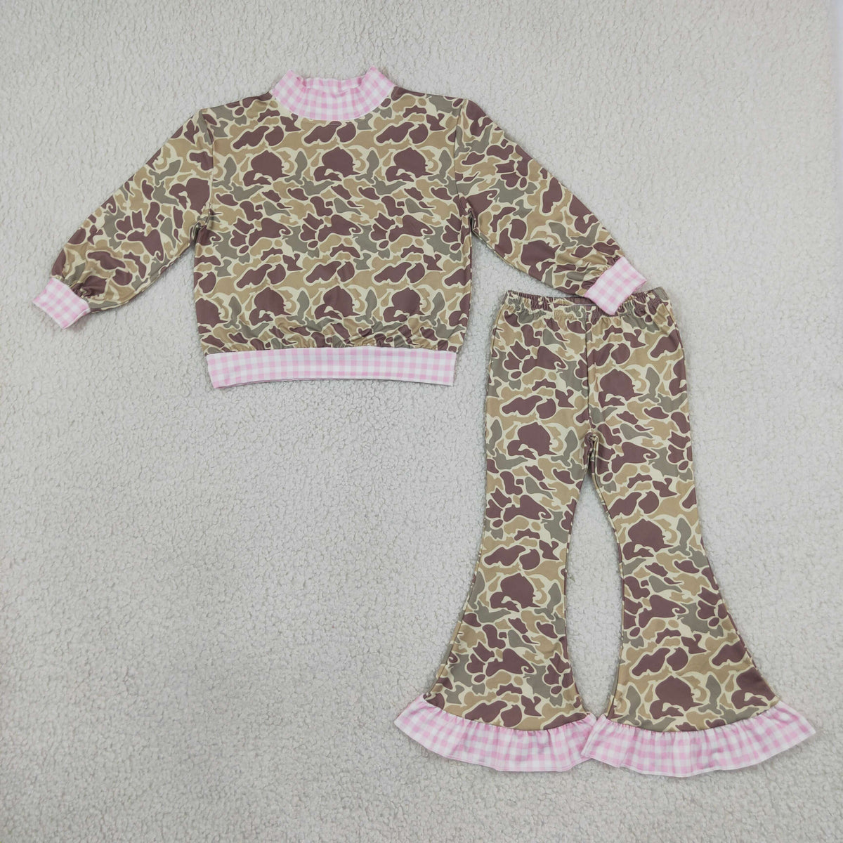 GLP3735 Hunting Camo Pink Plaid Middle Neckline Girls Set