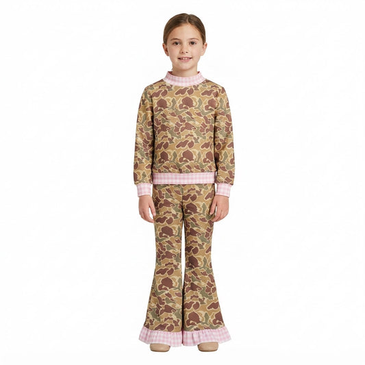 GLP3735 Hunting Camo Pink Plaid Middle Neckline Girls Set