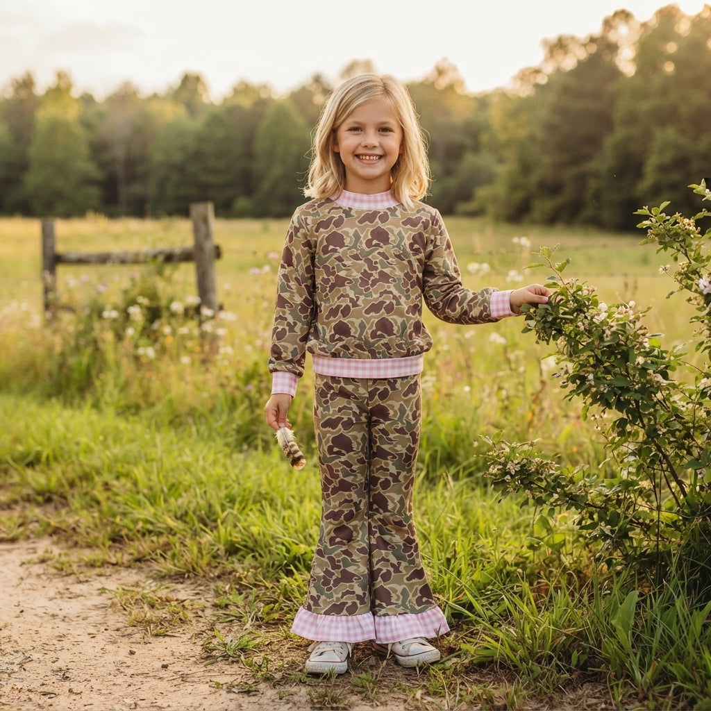 GLP3735 Hunting Camo Pink Plaid Middle Neckline Girls Set