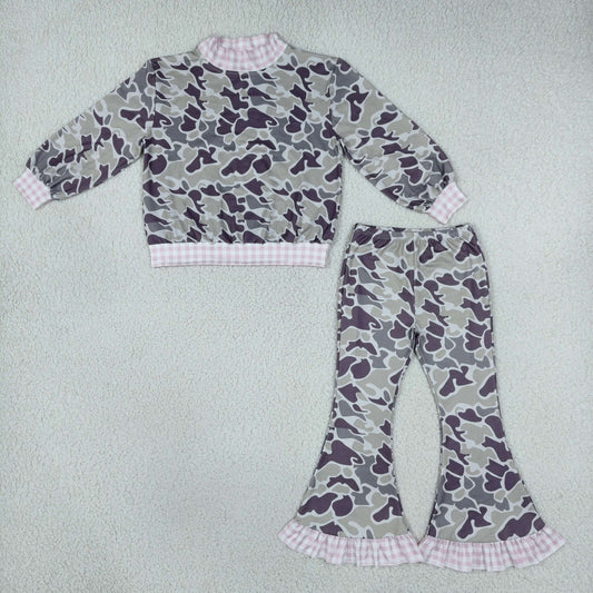 GLP3736 Hunting Camo Pink Plaid Middle Neckline Gray Girls Set