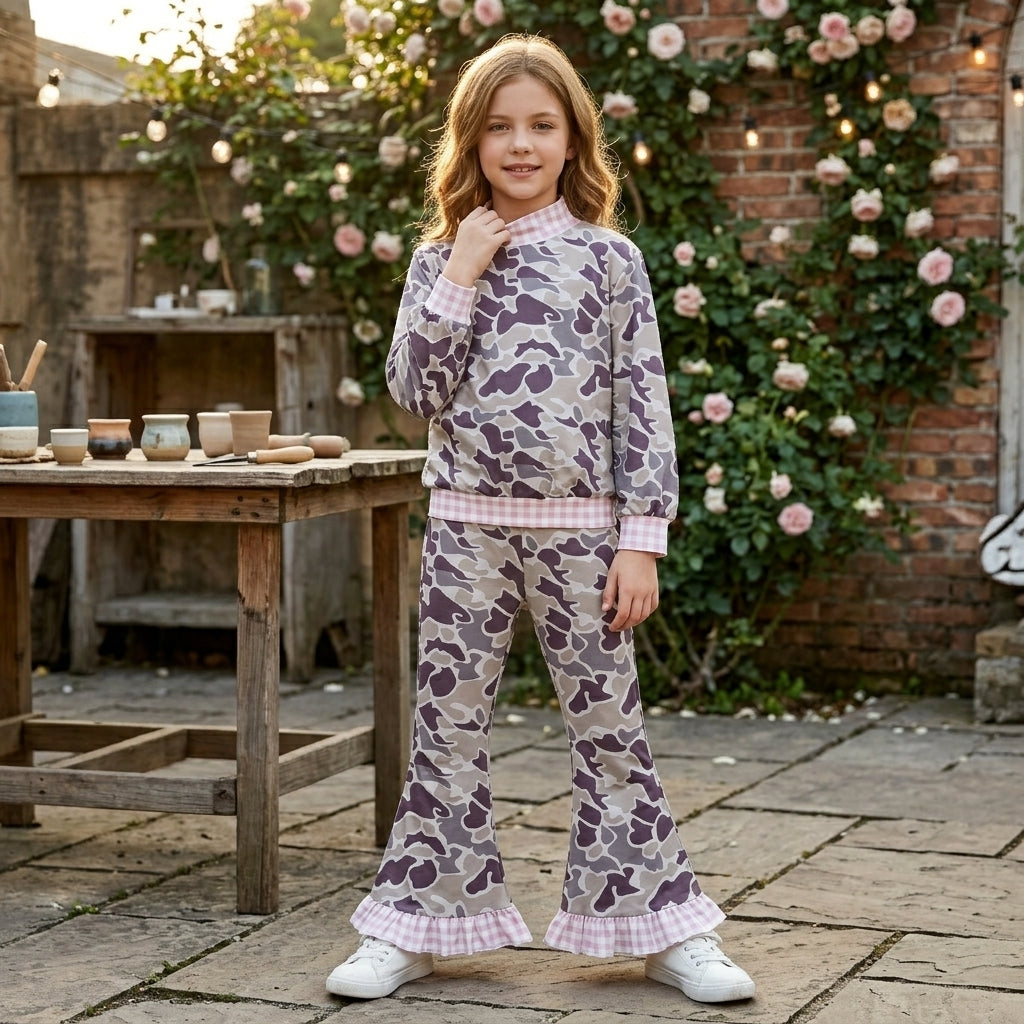 GLP3736 Hunting Camo Pink Plaid Middle Neckline Gray Girls Set