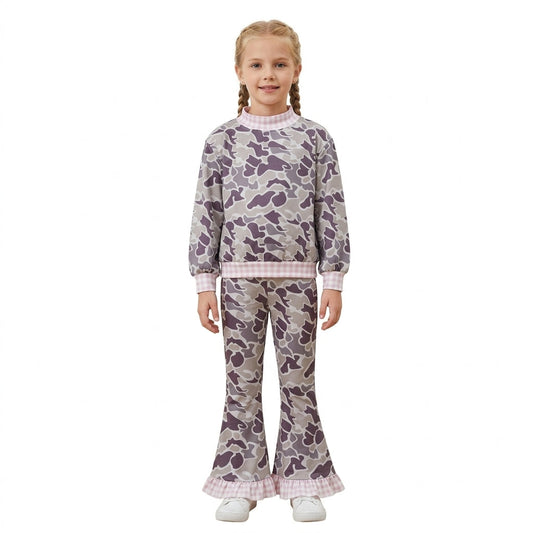 GLP3736 Hunting Camo Pink Plaid Middle Neckline Gray Girls Set