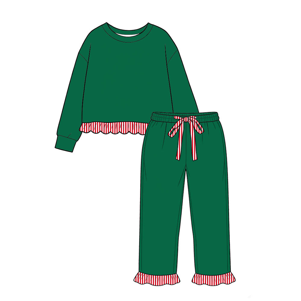 MOQ 5 pcs pre-order Each Color Stripe Ruffles Christmas Girls Set-2026.8.21